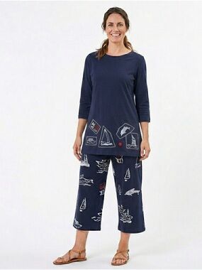 VTG Navy Blue Nautical Capris and Tunic Set Women's Casual coastal granny small